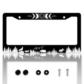 Moon Phases License Plate Frame Wolf Bear Deer License Plate Holder Personalise Stainless Steel Funny Design Compatible with Standard License Plate Frames for USA Canada 6 X 12 in 2 Holes with Screws