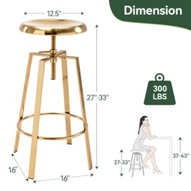 Vogue Furniture Direct Gold Bar Stools Set of 2, Adjustable Height 360° Swivel Bar Stools, Backless Industrial Metal Counter Stools with Footrest, Bar Chairs for Kitchen Island, Home Bar, Pub, Bistro