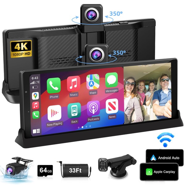 jelkuz 【350° Rotatable Lens】10.26''Wireless Apple CarPlay Screen for Car &
