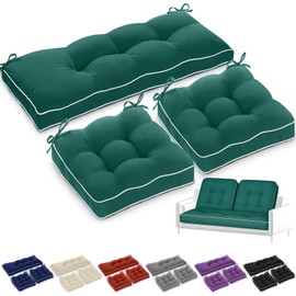 Wenqik 3 Pcs Outdoor Chair Cushions Set Waterproof Tufted Patio Furniture Seat Pad 1 Pcs 44 x 19 in Loveseat 2 Pcs 19 x 19 in Cushion for Square Settee Indoor Sofa Wicker Couch Bench(Green)