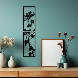 Chinese Style Framed Metal Wall Hanging, Outdoor Garden Decor with Plum Orchid Bamboo Chrysanthemum Asian Region Decoration, Indoor and Outdoor Metal Wall Decoration (Chrysanthemum)