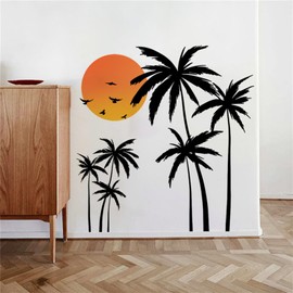 HOTIYOK Wall Stickers Stylish Green Coconut Tree Sunset Steps Black Monochrome Boys Girls Children Room Wall Stickers DIY Wallpaper Kindergarten Nursery Wall Art Stylish Wall Paper Wall Sticker