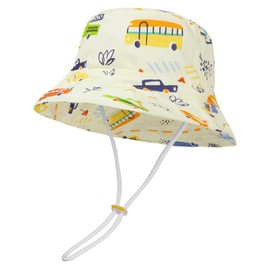 MASOCIO Baby Sun Hat Toddler Kids Boys Girls Summer Bucket Hats Cap Adjustable Chin Strap Age 2 3 4 5 6 Years Car Beige