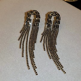 Octwine Statement Tassel Earrings Bohemian Black Rhinestone Chain Tassel Drop Dangle Gold Stud Earrings for Women Valentine's Day Wedding