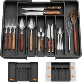 Organizador de Cubiertos para Cajón Expandible, Bandeja Ajustable de 7 Compartimentos para Utensilios, Separador de Plástico Robusto para Cocina y Hogar, Negro