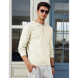Cotrasen Men's Long Sleeve Polo Sweater Collared Pullover Lightweight Casual Golf Textured Polo Shirts Beige White M
