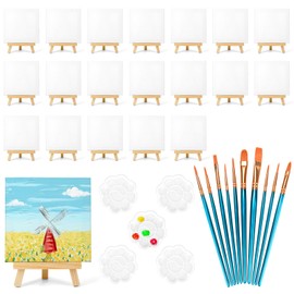 MicoSim 20 Pack Mini Canvases, 6x6in Small Painting Canvas Panel with Mini Easel, Art Canvas Painting Kit with 10 Brushes & 5 Paint Tray for Kids Teenagers Acrylic Pouring Oil Water Color Gift