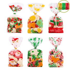VEYLIN 120Pcs Christmas Cellophane Goody Bags, Xmas Cello candy Bags with Ties for Holiday Party Favors