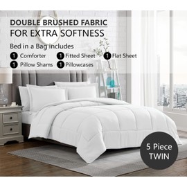 American Home Collection Bed-in-a-Bag 5 Pieces Twin Comforter Set with Sheets - Down Alternative Extra Soft White Bedding Set