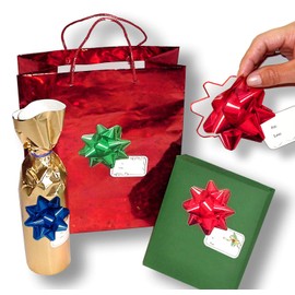 Gadjit Christmas Bow Stickers (Pack of 36 Bows)- 3D Image Stickers That Look Like Poly Bows with Tags, Bows Won't Crush Like Poly Bows, Great for Shipping Gifts