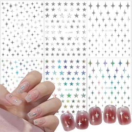6 Sheets Stars Nails Art Stickers Decal,Nail Supplies 3D Self-Adhesive Nail Decals Metallic Stars Shiny Glitter Luxurious Silver Nail Art Designs Sticker for Acrylic Nails Art Decoration Accessories
