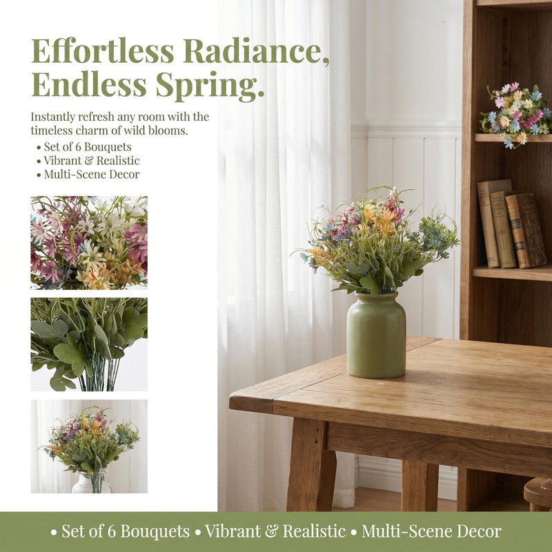 6-Pack Artificial Wildflower Bundles, Faux Spring Flowers for Vase