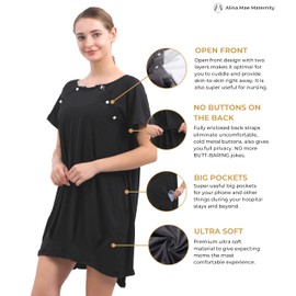 Labor and Delivery Gown for Hospital With Pockets Open Back Nursing Pajamas for Women Breastfeeding Maternity Nightgown, Black, Medium
