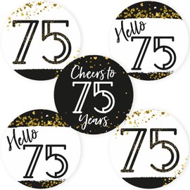 75th Birthday Sticker Labels by Adore By Nat - Milestone Party Favors Celebration in Black Gold - Set of 30