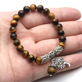 JSDDE Tiger Eye Stone Tree of Life Stretch Bracelet Reiki Healing Crystal Gemstone Beads Bracelet, Birthstone Lucky Stone Jewelry(6.2")