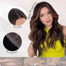 Dark Brown with Highlights Wigs for Women Glueless Wig Synthetic Lace Front Wigs 13x4 Pre Plucked Pre Cut Wavy Wig