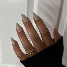 Uñas De Color Caqui A Presión, Uñas De Almendra Medianas, Uñas Acrílicas Neutras A Presión, Uñas Postizas Reutilizables Para Mujeres Y Niñas, Uñas Adh