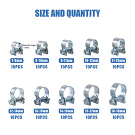 Glarks 120Pcs 10 Size Mini Fuel Injection Style Hose Clamp Assortment Kit For Diesel Petrol Pipe