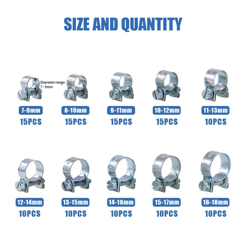 Glarks 120Pcs 10 Size Mini Fuel Injection Style Hose Clamp