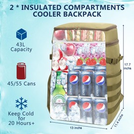 Pyrrhus 43L Cooler Backpack 45/55 Cans Insulated Leak Proof Tactical Backpack,2 Insulated Comaprtments Thermal Bag,Large Lunch Outdoor Backpack for Picnic, Beach, Work,Trip