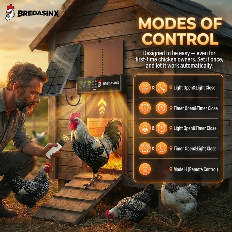 Automatic Chicken Coop Door Solar Powered with HD Screen, Timer