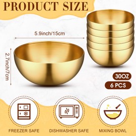 Nuogo 6 Pcs Gold Mixing Bowls Stainless Steel Mixing Bowl Decorative Gold Esthetician Bowls Metal Serving Bowl for Facial Cereal Rice Noddle Fruit Kitchen Party Cooking Baking Prepping(5.9 Inches)