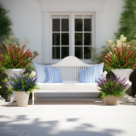 Nigirior Artificial Flowers for Outdoor Plants 10 Bundles Fake Lavender Plastic Faux Monkey Grass for Verandah Window Garden Office Patio Front Porch UV Resistant for Planter(Red Flowers)