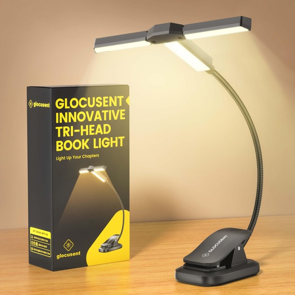 Glocusent 3-Light Book Light, Reading Light, 3 Colors & 5 Brightness Adjustment, Stepless Dimming Tone, 1000 mAh, Rechargeable Reading Light, 30 Minute Timer, 10-100 Hours, Great for Night Reading on Bed for Disaster Prevention, Hand Light, Music Light, Power Outage