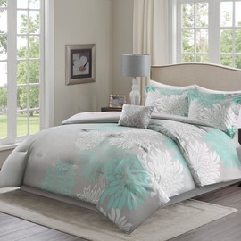 Comfort Spaces Enya Comforter Set-Modern Floral Design All Season Down Alternative Bedding, Matching Shams, Bedskirt, Decorative Pillows, King(104"x90"), Aqua