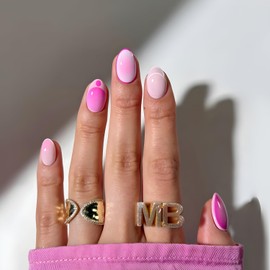 24Pcs Fake Nails Pink Press on Nails Short Almond False Nails Pink White Gradient Nails Press Ons with French Tip Design Glossy Full Cover Glue on Nail DIY Stick on Nail for Women and Girls