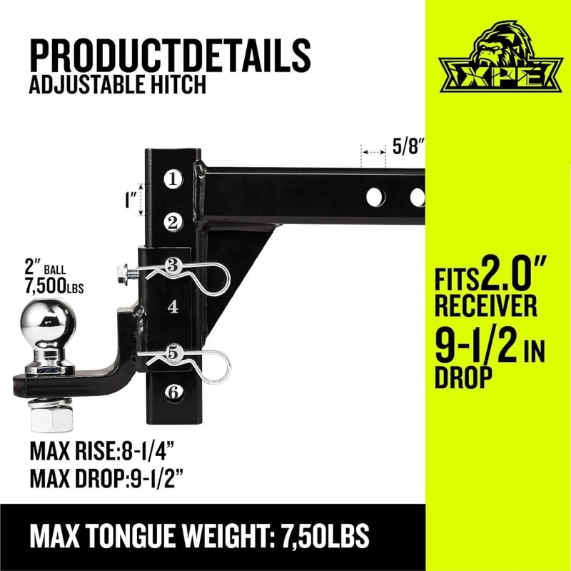 XPE Adjustable Trailer Hitch Ball Mount Fits 2" Receiver 9-1/2"