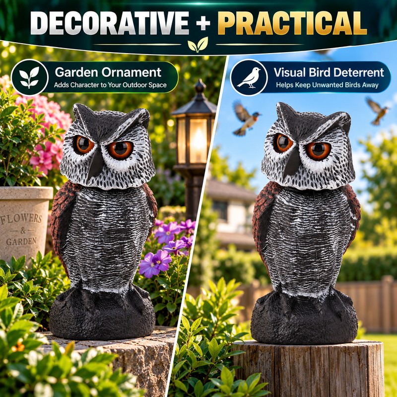 Owl Decoy for Outdoor Bird Deterrence – Shake-Head Plastic Owl