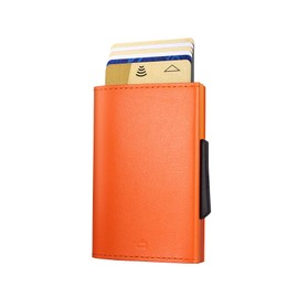 ÖGON -DESIGNS- Automatic Leather Wallet Cascade Slim - Compact Aluminum RFID Blocking Card Holder - Up to 8 Cards and banknotes (Orange)