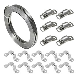 1 Roll of Steel Pipe Clamps, with 6 Pieces of Slotted Locks, 10 Pieces of U-Shaped Pipe Clamps, Hose Binding Tape, Pipe Hose Clamps, Through-Hole Pipe Tape, Stainless Steel Pipe Clamps