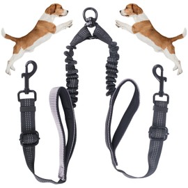 wikiRay Heavy Duty Double Dog Leash Coupler with Comfortable Handle Pads Dog Lead Splitter and Reflective Materials - Durable and Tangle-Free Design for Walking Two Dogs at Once (Gray)