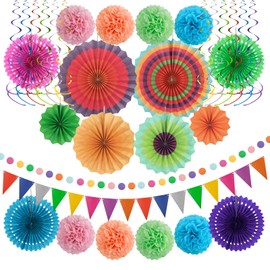 32Pcs Paper Fan Party Decoration Set Mexican Birthday Party Decor,Colorful Hanging Paper Fans Pom Poms Flowers Swirls Garlands String,Polka Dot Triangle Bunting Flag for Fiesta Wedding Party Supplies