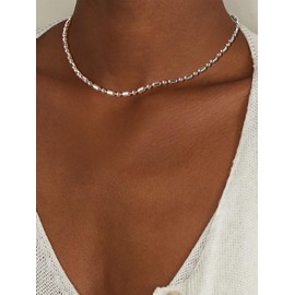 FOCALOOK Beaded Necklace Choker Chain Stainless Steel Ball Chain Boho Necklaces for Women 14+3.5" Adjustable