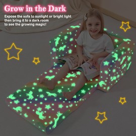 lasoftan Kids Sofa for Toddler, 2-in-1 Toddler Fold Out Couch Glow in The Dark, Convertible Sofa to Lounger Bed for Girls and Boys, with Removable Cover & Double Pockets - Glow Unicorn