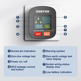 SURFOU Socket Tester UK, Electric Voltage Test Plug Tools with LCD Display 110v-250v, 50-60Hz, RCD Circuit Breaker, Power Meters for Electricians, Measures Earth, Live & Neutral Wire
