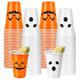 100 Pack 16oz Halloween Plastic Cups - Orange & White