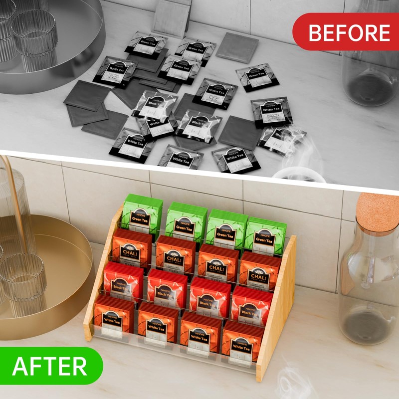 NiHome 4-Layer Tea Bag Organizer, Large Capacity Bamboo & Acrylic