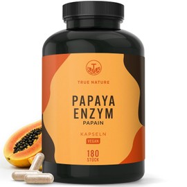Papaya Enzyme Capsules, High Dose: 2100 mg Papain Extract, 180 Capsules, Papain Enzyme Activity: 6 million Units/g, Vegan, German Production TRUE NATURE