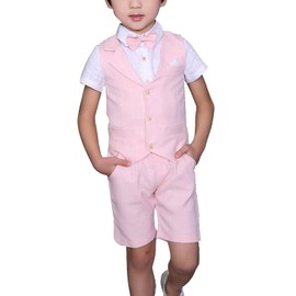 LOLANTA 4PCS Page Boy Suits Wedding, Kids Summer Short Suit Set, Ceremony Christening Partywear, Waistcoat Shorts Shirt with Bowtie, 8-9 Years, Pink, Tag 140