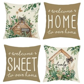Joymaison Cushion Covers 45 x 45 cm Set of 4 Vintage Green Plants Decorative Cushion Cover Farmhouse Eucalyptus Leaves Spring Summer Decorative Cushion Cover for Sofa Couch Bedroom Living Room