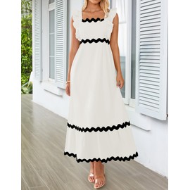 ZESICA Women's Summer Sleeveless Ruffle Dresses Square Neck Backless Boho Flowy Maxi Sundress with Pockets, White, Small