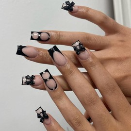 IMSOHOT Medium Square Squoval Press on Nails, Nude Black French with Bow Glossy Acrylic Nails for Women, 24PCS