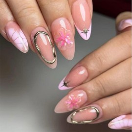 IMRAIN Flower Press on Nails Almond Medium Fake Nails Pink Glossy Glue on Nails Acrylic False Nails with 3D Floral Designs Full Cover Stick on Nails Artificial Nail Supplies for Women