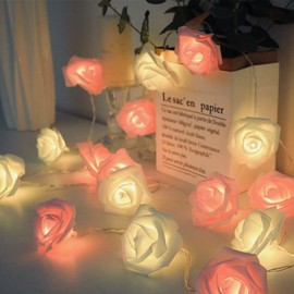 Christmas Fairy String Lights Foam Rose Flower 20LED Battery Operated Romantic Lights Lamp for Xmas Party Wedding Bedroom Centerpiece Decoration, Gift for Women Birthday Valentine's Day (Pink+White)