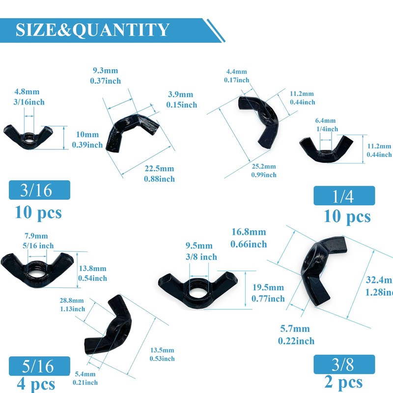 Yoliko 26 Pcs 4 Sizes 3/16",1/4",5/16",3/8" Wingnuts, Quality Carbon Steel