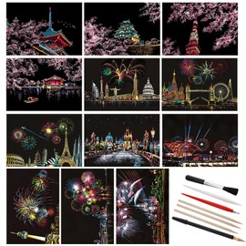 12 Sheets Scratch Painting Rainbow Paper, Sketch Pads DIY Art Craft City Series Night View Scratchboard Craft Art Kits with 6 Tools for Adults Kids Halloween Christmas(7.8 X 5.5 Inches(Style A))